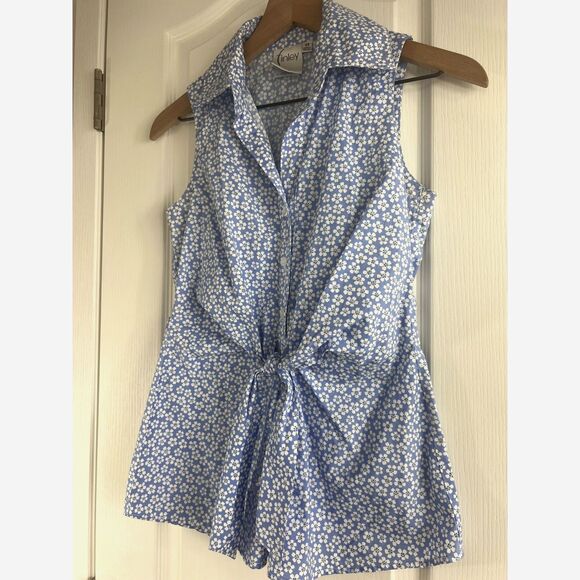 Finley Women's Sleeveless Button Up Top Blouse Blue Floral Tie Front Size XS - Picture 2 of 10